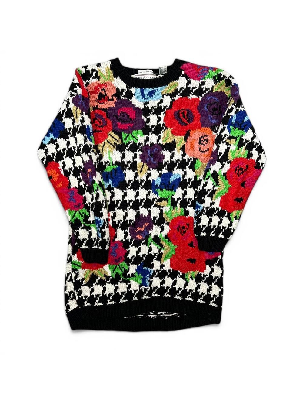 Vintage Hand Knitted Floral Houndstooth Sweater Medium
